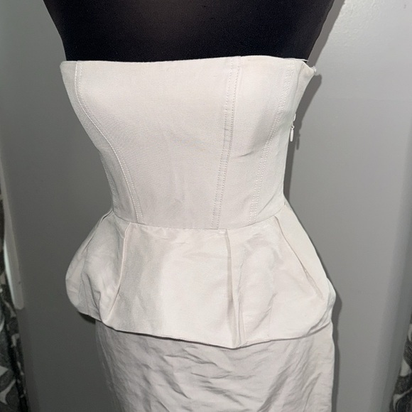 BCBG Strapless Lace Up Corset Peplum Mini Dress in Light Ash - Picture 5 of 13